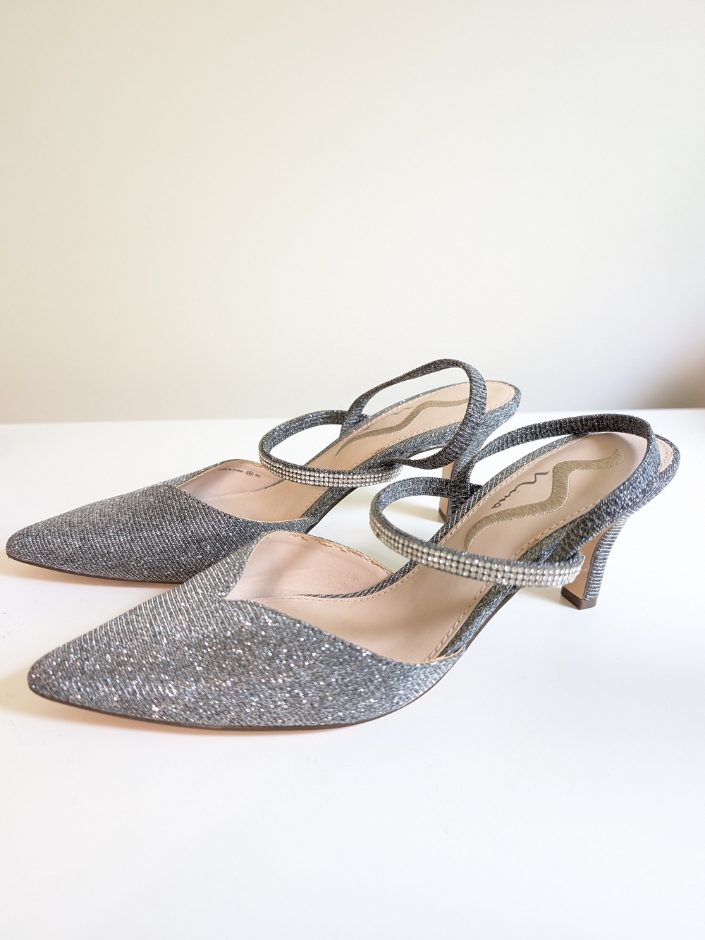 Nina Silver Glitter Slingback Pointed-Toe Heels